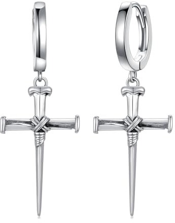 PROESS Orecchini a cerchio a forma di croce, in argento Sterling 925, a tre chiodi, a forma di croce, per uomini e donne, Argento sterling
