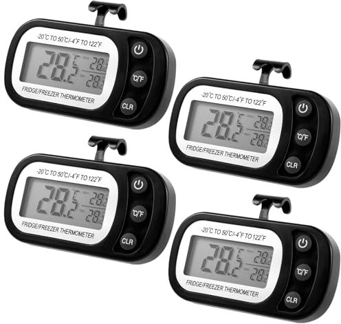 BUTORY 4 Pack Digital Refrigerator Thermometer with Clear Display, Waterproof, Hanging Hook, -20-50°C (-4-122°F), for Refrigerator, Freezer, Storage Room