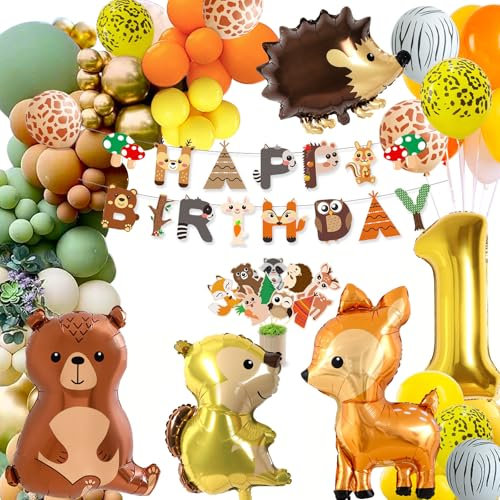 1 Geburtstag Deko Junge Mädchen,Kindergeburtstag Deko,Geburtstagsdeko 1 Jahr,Waldtiere Dschungel Geburtstag Deko,Orange Braun Luftballon mit Happy Birthday