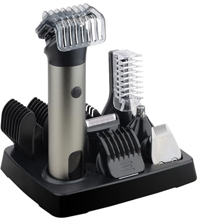 LITTLE BALANCE 8789 Multi 6 Barber Edelstahl, Bartschneider, Haarschneider, Elektrorasierer, Körperhaarschneider, Nase, Ohren, Multifunktional, 6 austauschbare Köpfe, kabellos, Aufbewahrungssockel