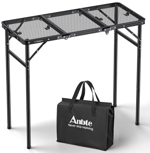Anbte 3ft Tri-fold Grill Table, 2 Adjustable Heights Max 74cm Sturdy Metal Grill Table with Storage Bag, Heat-Resistant Tabletop, Portable Handle for Cooking BBQ Outdoor Travel, 90 x 40 cm, Black