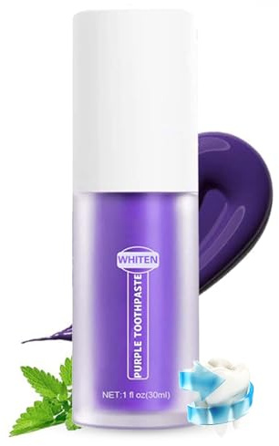 Lila Zahnpasta Weisse Zähne, Purple Toothpaste Whitening Zahnpasta mit Farbkorrektur, Teeth Whitening Zahncreme gegen Gelbe Zähne & Verfärbungen, Sanfte Zahnpflege, Frischen Atem, Tiefenreinigung 30ml