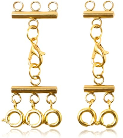 Wellrun 2 Pcs Gold Necklace Layering Clasps,2 & 3 Strand Connectors,Multi-Strand Tube Lock Necklace Separator Clasps for Untangled Stackable Necklaces Bracelets