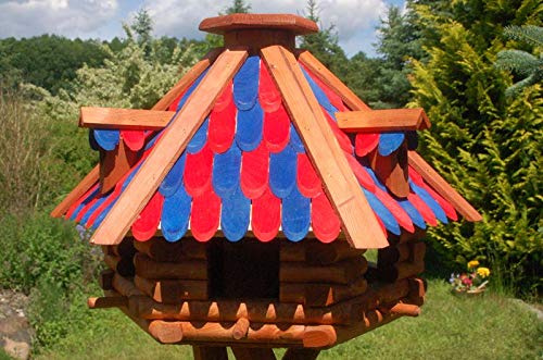 Deko-Shop-Hannusch Futterhaus/Vogelhaus mit Holzschindeln und Gauben Verschiedene Dachfarben und Solarbeleuchtung wählbar, V13, Farbe:V13 blau-rot ohne Solar