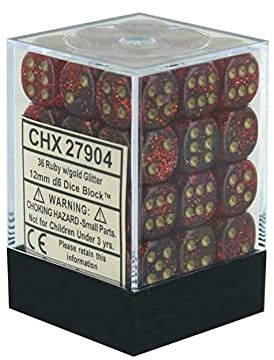Chessex Signature 12mm d6 with pips Dice Blocks (36 Dice) - Glitter Polyhedral Ruby/Gold