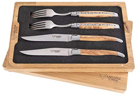 Laguiole en Aubrac 2er-Besteck Set Olivenholz mit matten Klingen, Original aus Frankreich, in schöner Aufbewahrungsbox aus Holz
