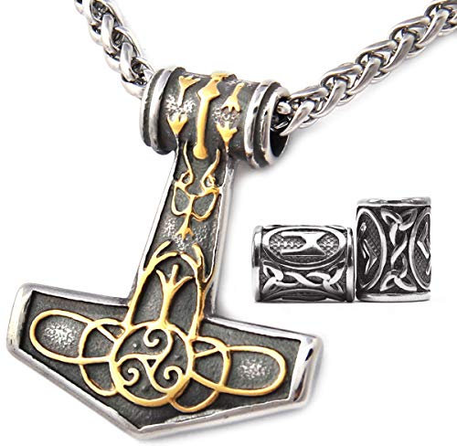 GUNGNEER Mjlonir Thor's Hammer Pendant Necklace with Gold Celtic Knot Highlight, Nordic Viking Mjolnir Men Necklace, 316L Stainless Steel (20)