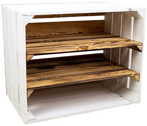 Weisse/geflammte Bücherregal - Schuhregalkiste mit Zwischenbrett/Mittelbrett Einlage ca 50x40x30cm / Apfelkisten Weinkisten Holzkisten aus dem Alten Land (Paula doppelt geflammt Längs)