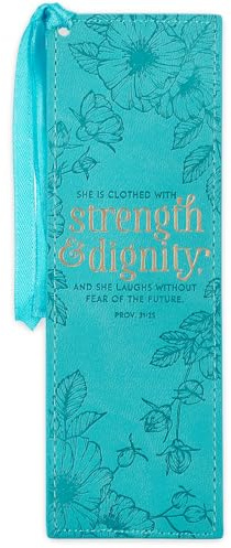 Christian Art Gifts Faux Leather Bookmark She is Clothed Strength Dignity Proverbs 31:25 Bible Verse, Teal