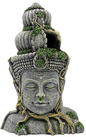 MUYIRTED Buddha Aquarium Dekoration Höhle Große Aquarium Ornamente, Grüne Moos Pflanze Bedeckt Stein Buddha Aquarium Höhle Verstecke, Aquarium Deko 27,5 x 18 x 10 cm