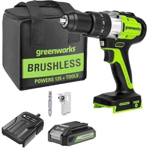 Greenworks Trapano Percussione Batteria 60 Nm, Trapano Avvitatore Batteria con 2Ah Batteria e Caricatore (Motore Brushless, Mandrino da 13 mm, 20 Impostazioni di Coppia)
