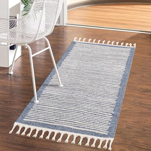 carpet city Teppich Wohnzimmer Blau - 80x150 cm - Scandi-Stil Gestreift Meliert - Kurzflor Teppiche Modern - Fransenteppich Tricolor Soft&Weich - Flachflor Schlafzimmer