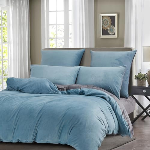 Boqingzhu Winter Bettwäsche 155×220cm Plüsch Blau Hellblau Grau Biber Flanell Warm Kuschelig Flauschig Wende Bettwäsche Teddy Fleece Samt Cashmere Touch Bettbezug 155×220cm