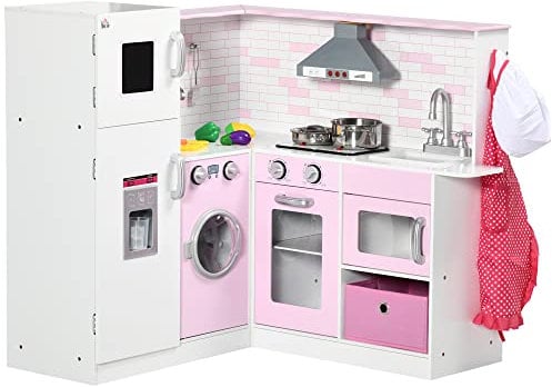 HOMCOM Cucina Giocattolo per Bambini 3-6 Anni con Luci e Utensili da Cucina Realistici, in MDF e PP, 84x93.5x85 cm, Bianca e Rosa
