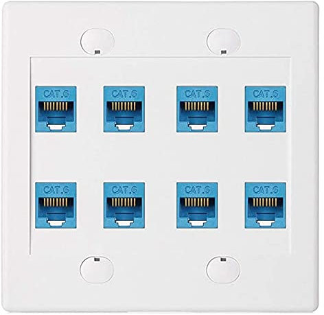 Ethernet Wall Plate 8 Port - Double Cat6 RJ45 Network Cable Faceplate Female to Female - Blue