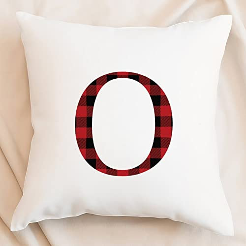 Initiale Letters Decor Dekorative Throw Pillow Covers - Aesthetic Feminine Girls 26 Letters Velvet Cushion Case - Christmas Black Red Buffalo Plaid Monogram Letter O Pillow Case for Bed Sofa Couch 18x