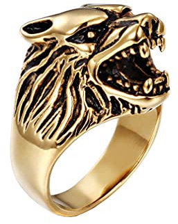OAKKY Herren Cool Herrschsüchtig Gothic Tribe Brüllender Wolfskopf Biker Ring Edelstahl Retro Punk Band Wolf Totem Wald Werwolf Gold Größe 72 (22.9)