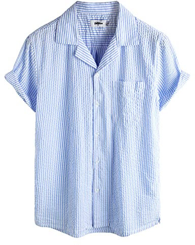VATPAVE Mens Striped Summer Shirt Casual Button Down Short Sleeve Beach Shirts Medium Light Blue Button Up