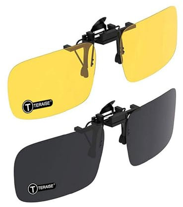 TERAISE Clip auf Sonnenbrille, 2er Pack/Tag + Nachtsicht Männer/Frauen UV400 Flip-Up polarisierte Sonnenbrille, Bequeme und sichere Pa