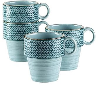 MÄSER Prospero, Kaffeebecher Set aus 4 handbemalten Bechern in Gastronomie-Qualität, ideal auch als Cappuccino-Tasse, moderner Vintage Stil, Blau, 350