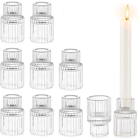 Glasseam Klein Stabkerzenhalter Glas, 10er Set Kerzenhalter für Stabkerzen, Gerippt Kerzenständer Weihnachten für Hochzeit Tischdeko, Chic Kerzenhalter Stabkerze für Halloween Geburtstag Deko