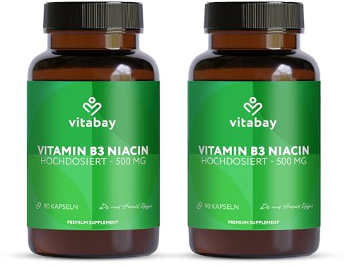 Vitabay Vitamin B3 Niacin 500 mg | 180 Vegane Flush Free Niacinamide Kapseln - Vitamin B3 Hochdosiert Niacinamide - Laborgeprüft & ohne unerwünschte Zusätze