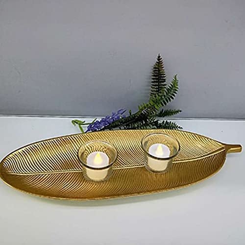 RXMORI Bandeja Decorativa de Hoja Dorada para Aperitivos, Plato de Fruta, Diseño Dorado, Forma de Hoja, Apariencia Cepillada, Tablero de Densidad Compacta, Plato de Postre para el Hogar(L)