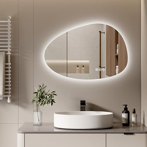 S'AFIELINA Miroir Mural LED Salle de Bain 85 x 50 cm Asymétrique Miroir avec Interrupteur Tactile, 3 Couleurs de Lumière Réglables - Blanc Chaud/Blanc Froid/Neutre, Antibuée Miroir de Salle de Bain