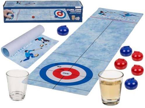 ReWu Trinkspiel Tisch-Curling Partyspiel Jungesellenabschied Spielmatte 6 Curling-Steine & 2 Shot Gläser Partytime Geschenkidee 120 x 30 cm