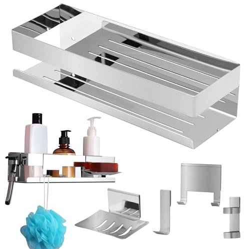 BELLE VOUS Stainless Steel Bathroom Shelf Shower Organiser - No Drill Self-Adhesive Shower Shelf/Caddy - 5-in-1 Shower Basket for Shampoo/Soap Storage