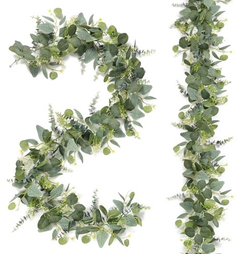 DEMIUKO 2 Stück Eukalyptus Girlande Künstliche Blumen Girlande mit Schleierkraut Silberdollar Blätter Girlande Grün Hängepflanzen Reben Dekogirlande für Zuhause Hochzeit Zeremonie Tisch Läufer Deko