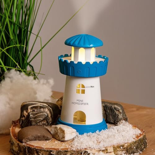 Hellum Luftbefeuchter dekorativ, tragbarer Leuchtturm in blau, Leuchtturm Diffuser 8x14,5cm groß, süßer Luftbefeuchter mit Nachtlicht 524949