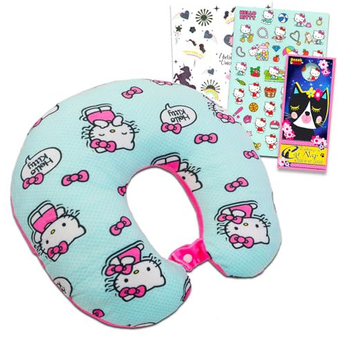 Hello Kitty Almohada cervical de viaje – Paquete con almohada de cuello Hello Kitty para avión, coche, oficina, más pegatinas, tatuajes, más | Juego de accesorios de viaje Hello Kitty