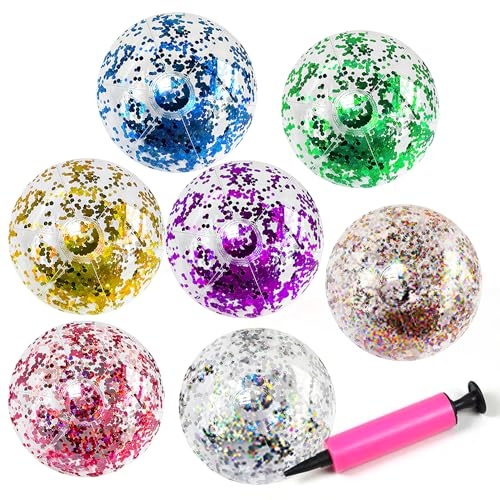 Hojalis 7 Pcs Glitter Beach Balls, 16 Inch Inflatable Beach Ball with pump, Transparent Ball Confetti Sequin Swimming Pool Balls for Outdoor Beach Swimming Summer Birthday Party Water Games