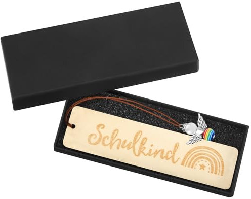 Tenare Schulkind Holz Lesezeichen mit Gravur Schulkind Einschulung Geschenk Lesezeichen mit Buntem Schutzengel Anhänger Geschenkbox Schulanfänger Geschenk Schultüte Füllung für Schulanfang