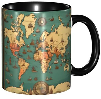 BROLEO Tasses classiques noires en céramique pour cappuccino, latte, céréales, yaourt, lait, boissons chaudes ou froides, four à micro-ondes, motif carte du monde rétro