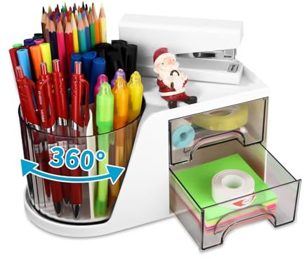 Organisateur de Bureau, Rotation à 360 degrés,Rangement Bureau, Rangement pour bureau avec 8 compartiments et 2 tiroirs,Organiseur Bureau,Accessoires bureau pour les bureaux et les écoles(Blanc)