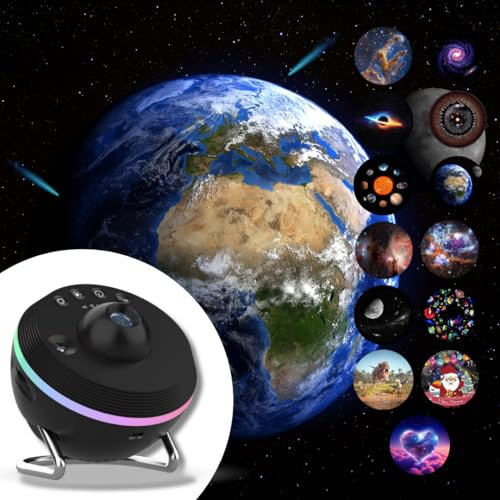 Proyector Galaxy y Planetario Hogar con Efecto Meteorito, 13 Discos en Calidad 4K, Iluminación LED Ambiental de 6 Modos, Proyección Giratoria Multimodo, Proyección de Objetos Celestes