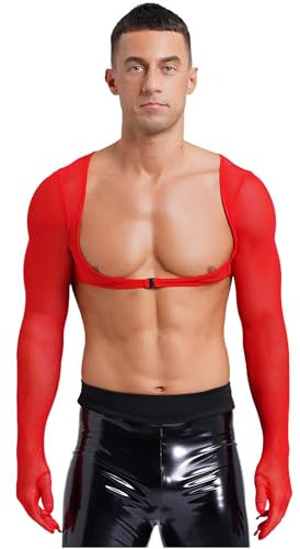 CHICTRY Men's Long Sleeve Sheer Mesh Seamless Gloves Tops Open Front Buckle Muscle Half Crop Top Red L