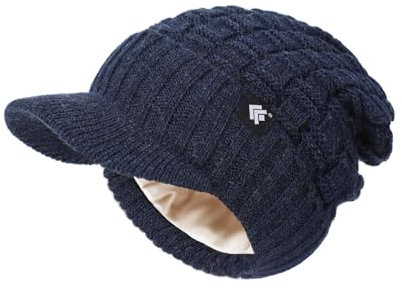 Creekstone Beanie für Damen Herren Satin gefütterte Wintermützen Slouchy Beanies Hüte Satin gefütterte Beanie mit Krempe Visier (DE/NL/SE/PL, Alphanumerisch, Einheitsgröße, Blau)