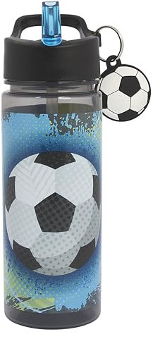 Polar Gear Football 500ml Kids Water Bottle with Straw - Back to School Supplies, Drinks Bottle with Keyring Charm, Black & White