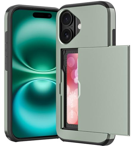 ACOCOBUY Compatible with iPhone 16 Case with Card Holder Shockproof Protective Dual Layer Hidden Credit Card Slot Heavy Duty Wallet Phone Cover Armor Rubber Bumper Shell 6.1 inch for Men Army Green