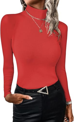 ELFIN Pull côtelé à Manches Longues pour Femme élégant Jersey col roulé Extensible Tshirt Coupe ajustée Basique côtelé Couleur Unie Rose L