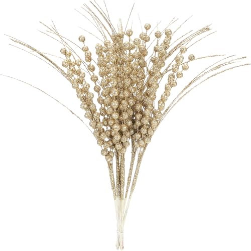 Sea Team 24-Pack Decorative Christmas Tree Branches, Fluffy Glittery Bead Twigs, Tree Toppers, Vase Fillers, Stems, Picks for Christmas Tree, Wreath, Garland, 16.5-Inch, Gold