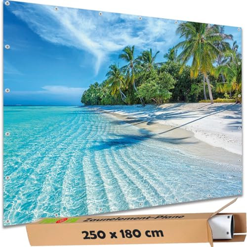 TRIOSK Sichtschutz Garten Deko Zaun Plane Blickdicht groß mit Zaunblende Motiv Malediven Tropen Palmen Strand für Zaunelement Doppelstabmatten Stabmattenzaun Gartenzaun PVC 250x180 cm