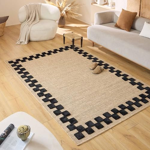 Nazar Palmateppich, Natur, Jute-Look, Naturteppich für Wohnzimmer, Schlafzimmer, Flur, Boho-Teppich, Naturfarbe (9496 schwarz, 80x150 cm)