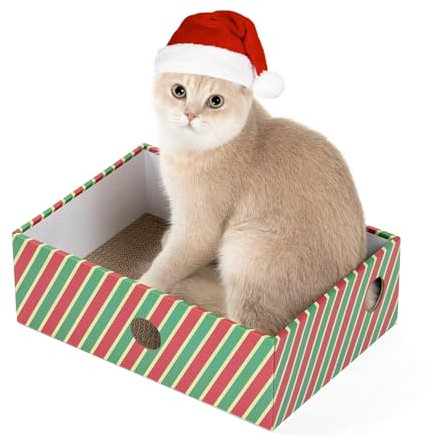 Conlun Rascador para Gatos con Caja, Duradero Rascador Gato de Cartón, Doble Cara, Agujeros Interactivos, Diseño Antisuciedad, Juguete para Gatitos (1 Unidad, Mediano, Sarga)
