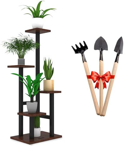 Blumenständer metall - Pflanzenregal Holz - Pflanzenständer mit Werkzeuge als Geschenk -Blumentreppe indoor 4 Etagen Größe 85x23x35 cm