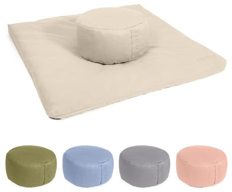 Vedara® Meditationsset Yogakissen Meditationsmatte Zabuton Kissen Rund – Waschbarer Bezug aus 100% robuster Baumwolle – Yoga Sitzkissen mit Bio-Dinkelspelzfüllung – Sitzhöhe 15cm (Natur)