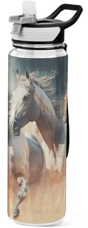 Mnsruu Transparente Sport-Wasserflasche mit Strohhalm, auslaufsichere Trinkflasche, arabische Pferde, Herde, Fahrradflaschen für Sport, Büro, Schule, BPA-freier Tritan-Kunststoff, 1 Liter